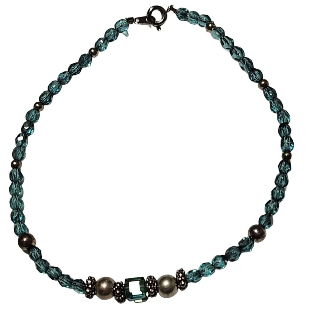 Elegant Handmade Blue Beaded Bracelet Silver Accents Green Crystal Detail Women